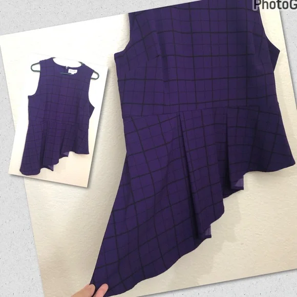 ELLE Womens Medium Sleeveless Peplum Asymmetrical Top Blouse Purple Checkers NWT - Picture 1 of 16